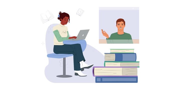 Education and upskill. Moving banner with female office worker taking online professional development course. Gaining knowledge for career growth and success. Flat graphic animated cartoon