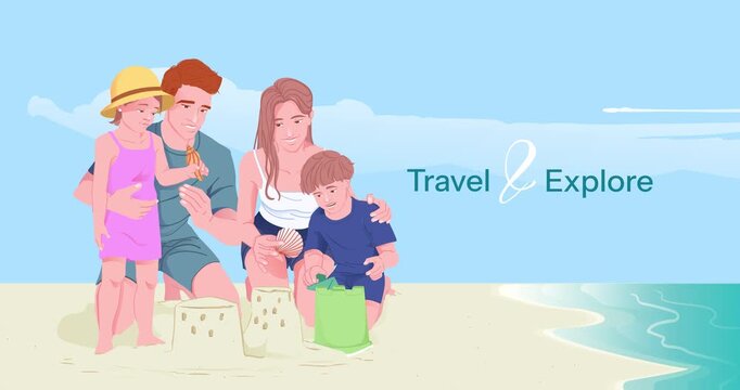 Family planning. Moving banner with happy parents playing with their children on sandy beach by sea. Family travel, trips, and vacations. Tourism and Journey. Flat graphic animated cartoon
