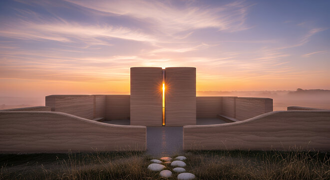 Powerful sunset illuminates the striking modern architecture of a memorial monument with dramatic sky and calm sea