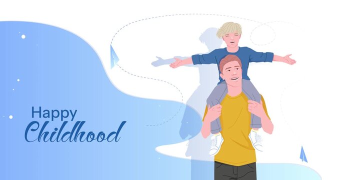 Family planning. Moving banner with smiling father carrying laughing child on his shoulders. Parents providing happy and carefree childhood. Love and warm relationships. Flat graphic animated cartoon