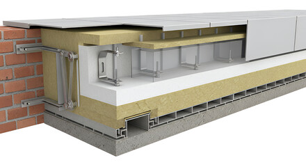 Detailed architectural cross section illustrating modern building wall construction with insulation and structural components