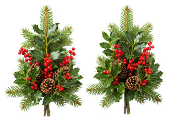 Two distinct festive Christmas arrangements with green spruce pine, dark green holly leaves, red holly berries, and natural brown pine cones, isolated on a transparent background with copy space,