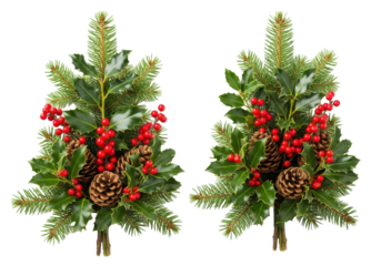 Two distinct festive Christmas arrangements with green spruce pine, dark green holly leaves, red holly berries, and natural brown pine cones, isolated on a transparent background with copy space,