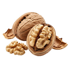 Several walnuts in various states, isolated detailed close-up on light grey background, nuts food illustration