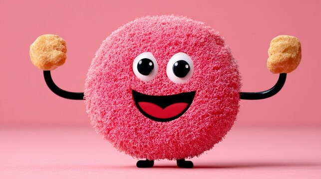Pink stuffed animal with a big smile on its face. It looks like it's giving a thumbs up