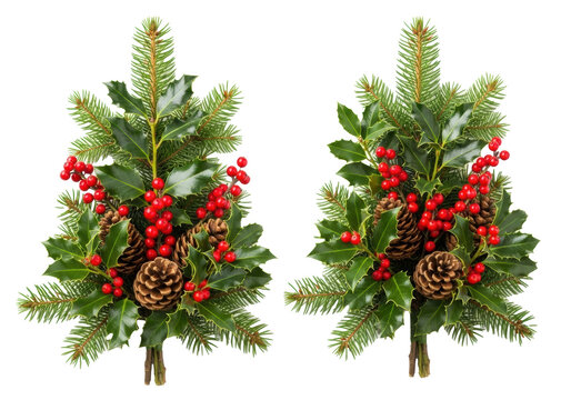 Two distinct festive Christmas arrangements with green spruce pine, dark green holly leaves, red holly berries, and natural brown pine cones, isolated on a transparent background with copy space,