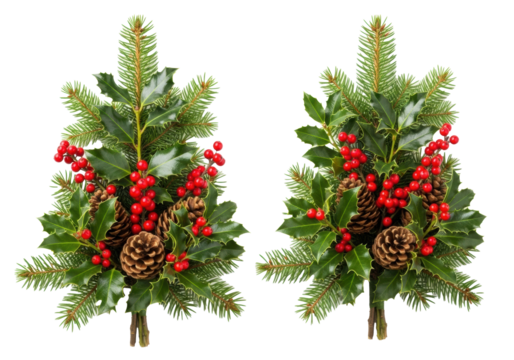 Two distinct festive Christmas arrangements with green spruce pine, dark green holly leaves, red holly berries, and natural brown pine cones, isolated on a transparent background with copy space,