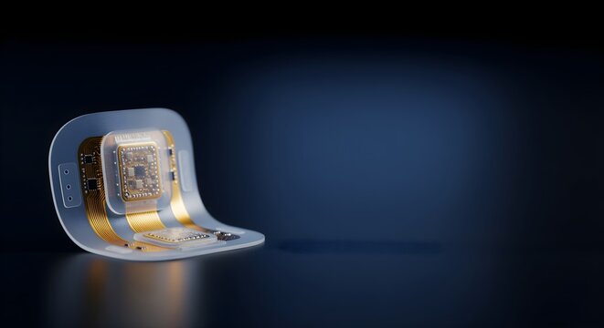 Cutting-Edge Flexible Electronic Biosensor with Microchips on Dark Background, Symbolizing Advanced Medical Technology and Digital Healthcare.