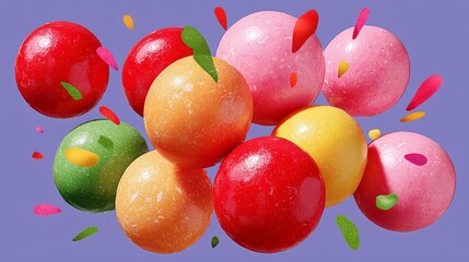 Bunch of colorful candy balls are floating in the air. The candy balls are of different colors and sizes, and they appear to be in motion. Concept of fun and excitement