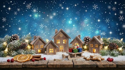 Charming Winter Village Scene With Cozy Wooden Houses And Twinkling Lights On A Snowy Night