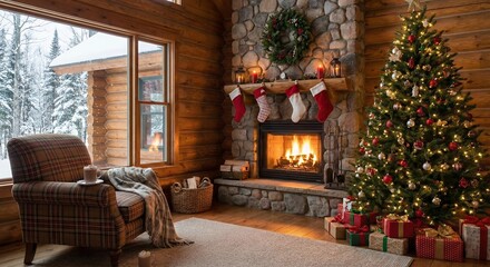Cozy Log Cabin Living Room Decorated for Christmas with Glowing Fireplace and Snow Outside