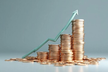 Stacks of coins represent financial growth with an upward trend arrow on a simple background
