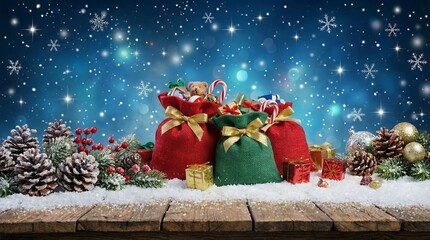 Festive Christmas Sacks Filled With Gifts And Presents On A Snowy Wooden Table With A Blue Bokeh Background