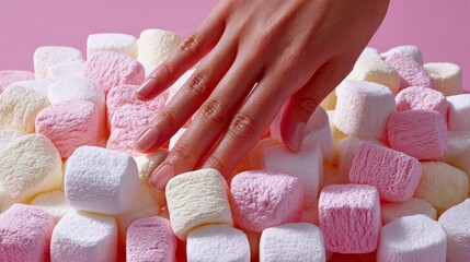Hand is reaching into a pile of marshmallows. The marshmallows are in various colors, including pink, white, and yellow. Concept of playfulness and indulgence