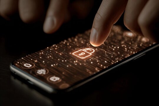 Unlocking a smartphone with a glowing padlock icon on the screen