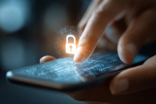 User secures smartphone with touch screen lock and digital padlock symbol in a modern tech environment