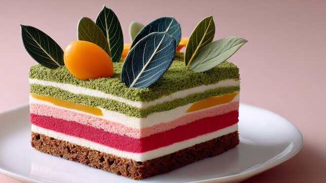 Multi-layered cake with green leaves and orange slices on top. The cake is on a white plate and is placed on a pink background