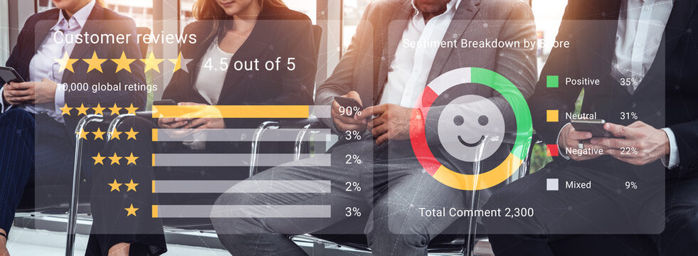 Visual representation of customer reviews and feedback statistics displayed on a digital screen in a modern office. Ideal for showcasing customer analysis and insights. Gantry