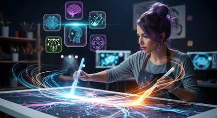 Young woman artist using a digital stylus on a futuristic interactive tablet with glowing neon light trails and holographic icons floating above her workspace