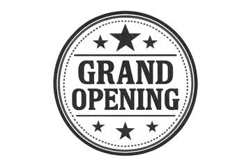 Circular grand opening textured grunge stamp or seal icon with stars, representing business launch and event promotion