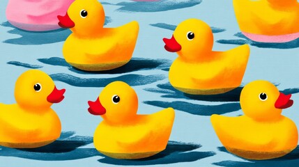 Group of yellow ducks are swimming in a body of water. The ducks are all different sizes and are scattered throughout the water. The scene is peaceful and serene