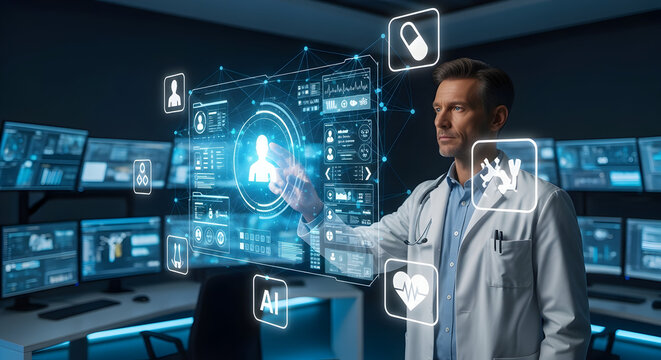 Doctor interacting with futuristic holographic medical interface displaying health data and ai analytics in a high tech control room