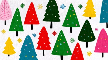 Colorful Christmas tree with snow on it. The trees are all different colors and sizes. The snow on the trees is white and scattered