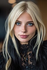 Naklejka premium A woman with blonde hair and blue eyes is wearing a black lace top. She has a pretty smile on her face