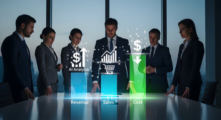 Diverse business professionals in a modern boardroom analyze glowing holographic financial charts and data projections on a table