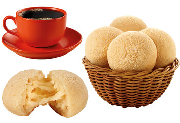xícara de café expresso acompanhado de cesta de vime com pão de queijo isolado em fundo transparente