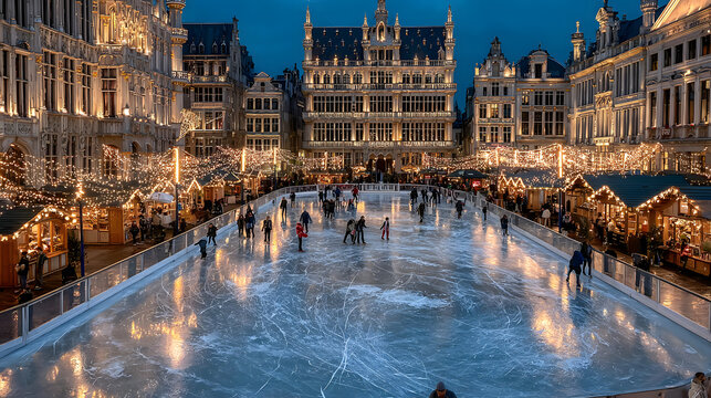 Frozen Ice Skating Rink in Brussels Grand Place at Winter Wonders Christmas Market Evening View