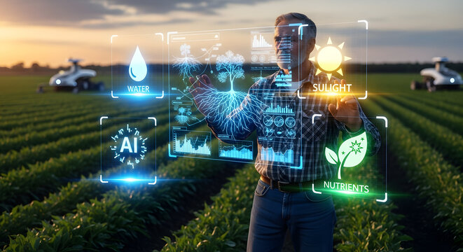Farmer using advanced augmented reality technology to manage crops and monitor agricultural data with autonomous drones in a modern field at sunset