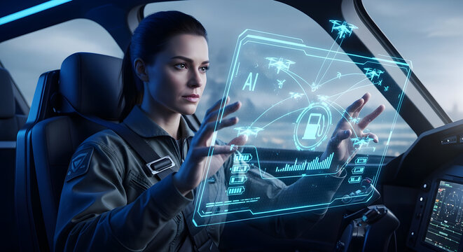 Focused female pilot in a futuristic cockpit interacting with a holographic display showing advanced navigation and data visualization for flight operations