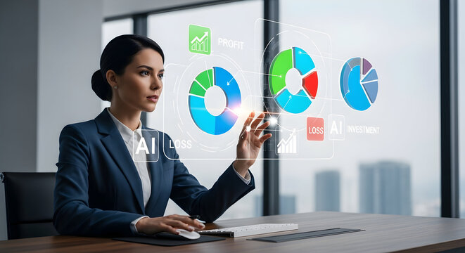 Young businesswoman in a modern office interacting with a futuristic holographic display showing financial charts and data analytics