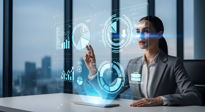 Focused businesswoman interacting with a futuristic holographic interface displaying data charts and graphs in a modern office setting with city skyline view