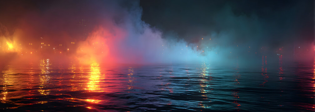 Dark night scene over water, fog over dark ocean water, dark surface, neon light, reflections on the water. Fantasy night water scene.
