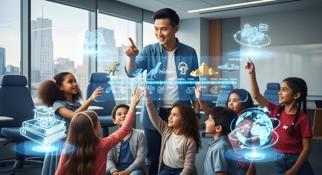 Engaged elementary school children enthusiastically participate in a futuristic augmented reality science lesson led by a smiling teacher in a modern classroom - Powered by Adobe