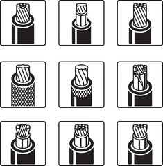Set of different electrical wire and cable cross-section icons, isolated