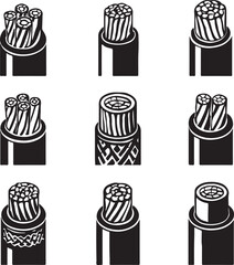 Set of nine stylized electrical cable cross-sections on white background
