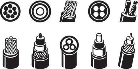 Collection of electrical and network cable icons in black and white vector format
