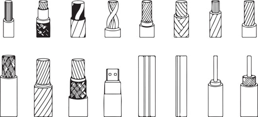 Collection of wire and cable cross-sections and types, line art illustration