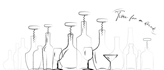 Time for a drink, bar poster, restaurant banner, alcohol menu, wine bottle outline, glasses, hand-drawn line art, brush, marker. Wine list, sommelier, chardonnay, cognac, whiskey, merlot, drinks