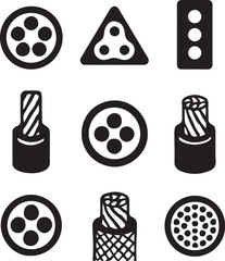 Collection of black and white electrical wire and cable icons for technical illustration