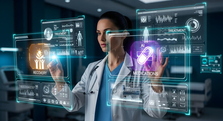 A focused scientist or doctor interacting with advanced holographic medical data displays showing anatomical models and vital signs in a futuristic laboratory setting