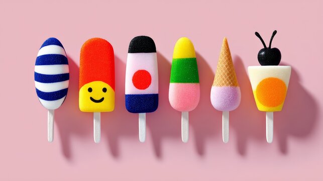 Row of colorful ice cream and popsicles with a smiling face on one of them. - Powered by Adobe