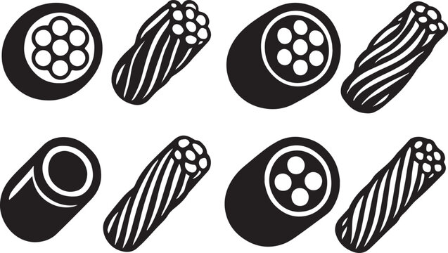Set of stylized licorice candy icons in black and white illustration