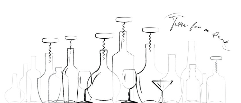 Time for a drink, bar poster, restaurant banner, alcohol menu, wine bottle outline, glasses, hand-drawn line art, brush, marker. Wine list, sommelier, chardonnay, cognac, whiskey, merlot, drinks