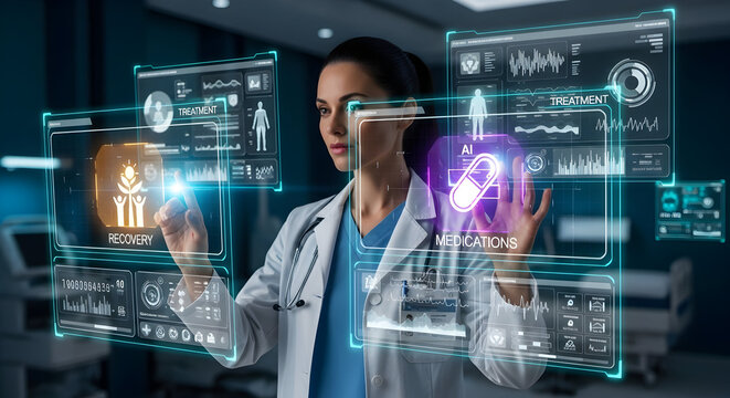 A focused scientist or doctor interacting with advanced holographic medical data displays showing anatomical models and vital signs in a futuristic laboratory setting