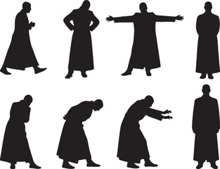 Eight black silhouettes of a person in a long robe in various poses.