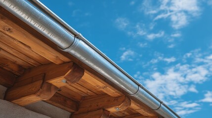 Galvanized rain gutter system attached to wooden eave, channeling water from roof under blue sky.
